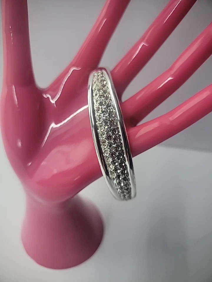 Vintage Bracelet Silver Tone Hinged Crystals White Slide Clasp Jewelry Costume - Image 3 of 4