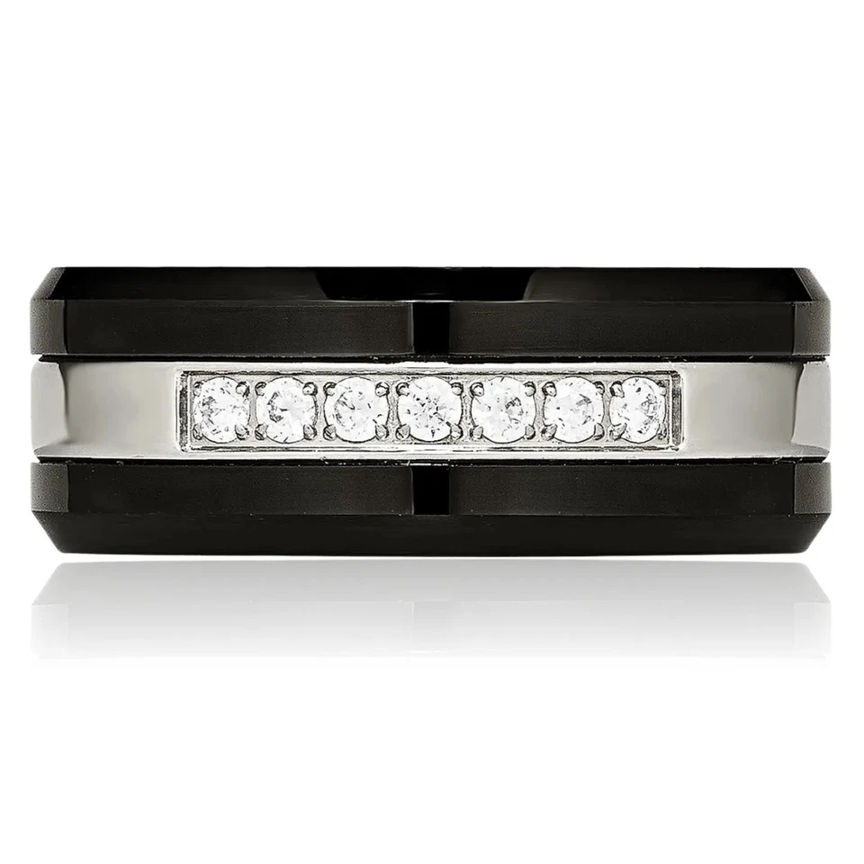 Anillo de boda de acero inoxidable con borde de circonita cúbica de cerámica negra Foto 3 de 4