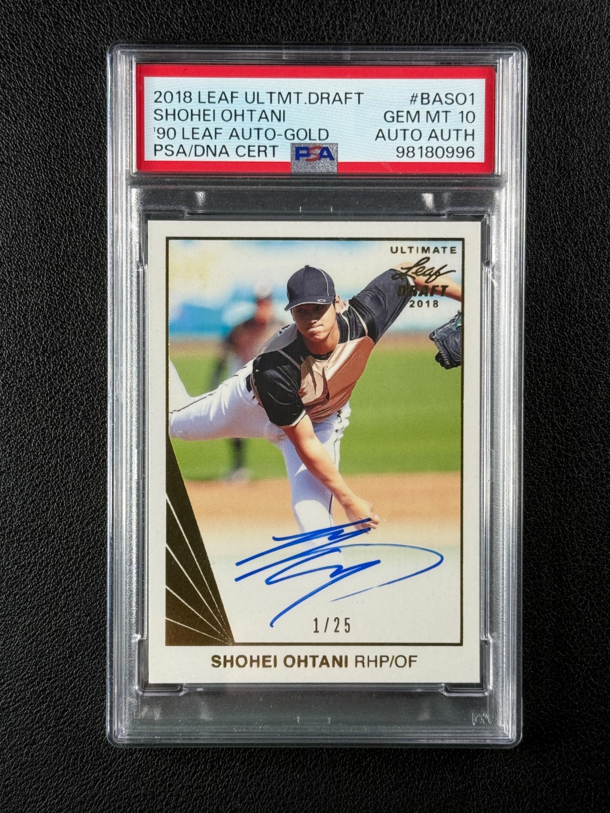SHOHEI OHTANI PSA 10 2018 LEAF ULTIMATE DRAFT '90 RETRO ROOKIE AUTO GOLD RC 1/25 view 3