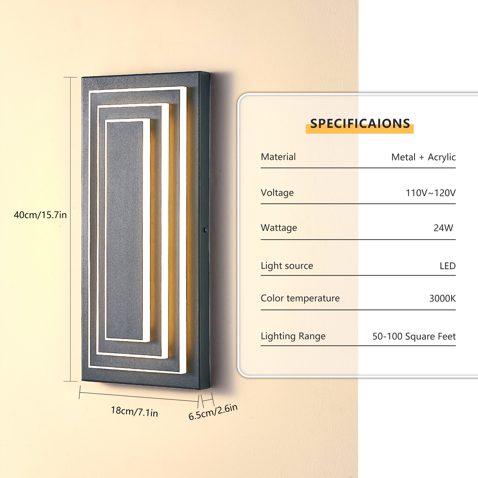 2 Pack 16'' LED Outdoor Wall Light Modern Black 3-Tier Front Door Sconce Fixture