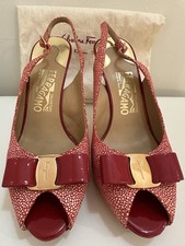Salvatore Ferragamo Bloomy Red Bow Slingback Peep Toe Leather Women's EU 37 Heel