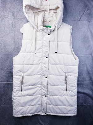 DIP Quilted Women Puffer Vest Hooded Sleeveless Beige XL Snap Button Zip Pockets