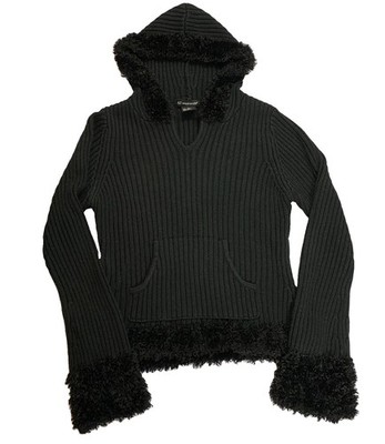52 Weekends Fur Trim Hoodie Pullover Sweater Ribbed Knit Bell Sleeve Penny Lane