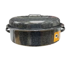 18 In Roasting Pan, Enamel on Steel, Black Covered Oval Turkey Roaster with Lid
