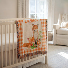 Personalized Fox Baby Shower Blanket Custom Name Gift Fox Nursery Decor Woven