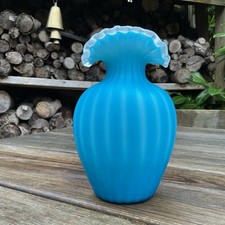 Old Vintage Thomas Webb ? Blue Satin Cased & Fluted Ruffle Top Vase Approx 6”