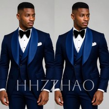 Fashion Blue Men's Suits Shawl Lapel Formal Wedding Groom Tuxedos Three Pieces