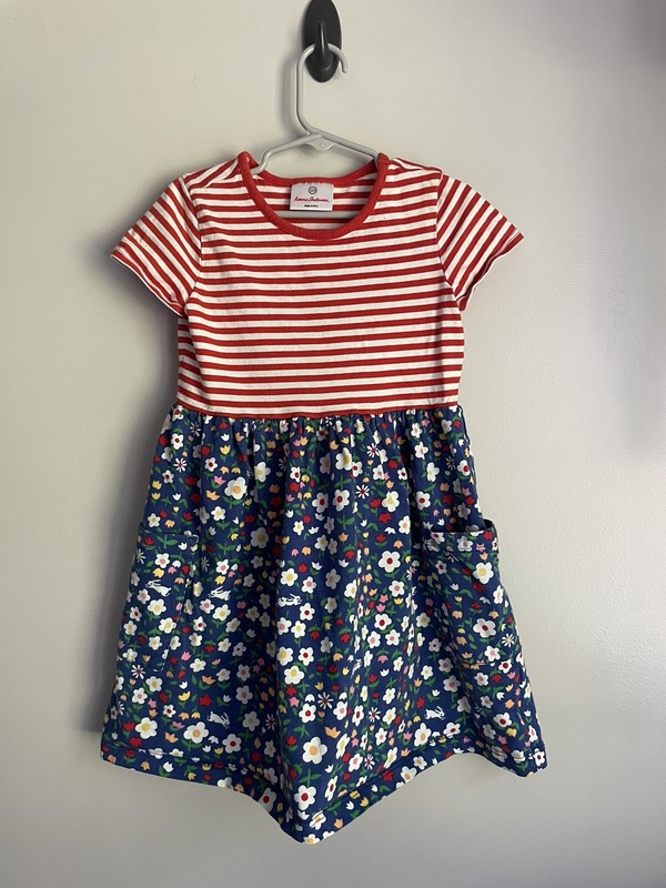 Girls HANNA ANDERSSON Floral Dress Size 120 6/7 Stripes Flowers Bunnies Rabbits