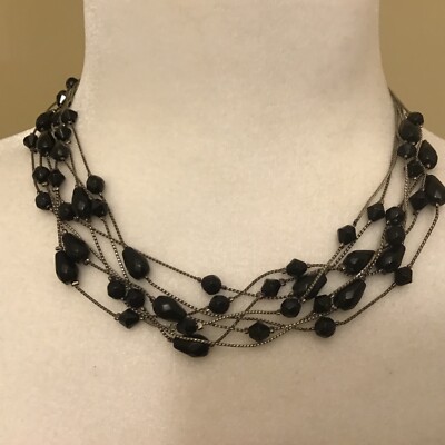 Black Multi-strand Chain Beaded Necklace Silver Tone Adjustable 16  to 18  VTG