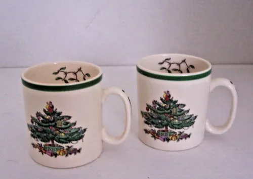 2 Spode Christmas Tree Pattern Tom & Jerry Mugs Cups - England