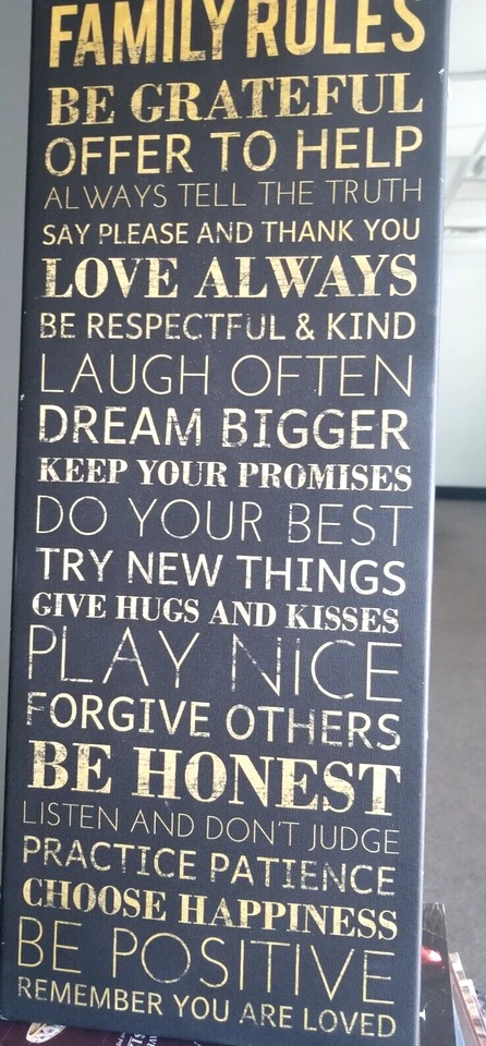 BANNER COLGANTE MADERA PLÁSTICO LONA DECORACIÓN, INTERIOR, 19" X 8", REGLAS FAMILIARES Foto 4 de 4