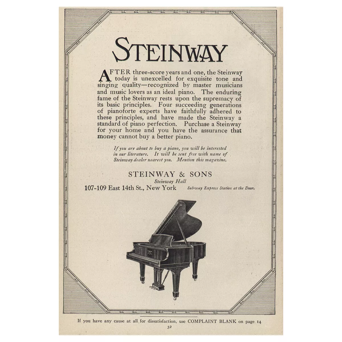 1914 Steinway Piano After Three Scores and One Vintage Print Ad
