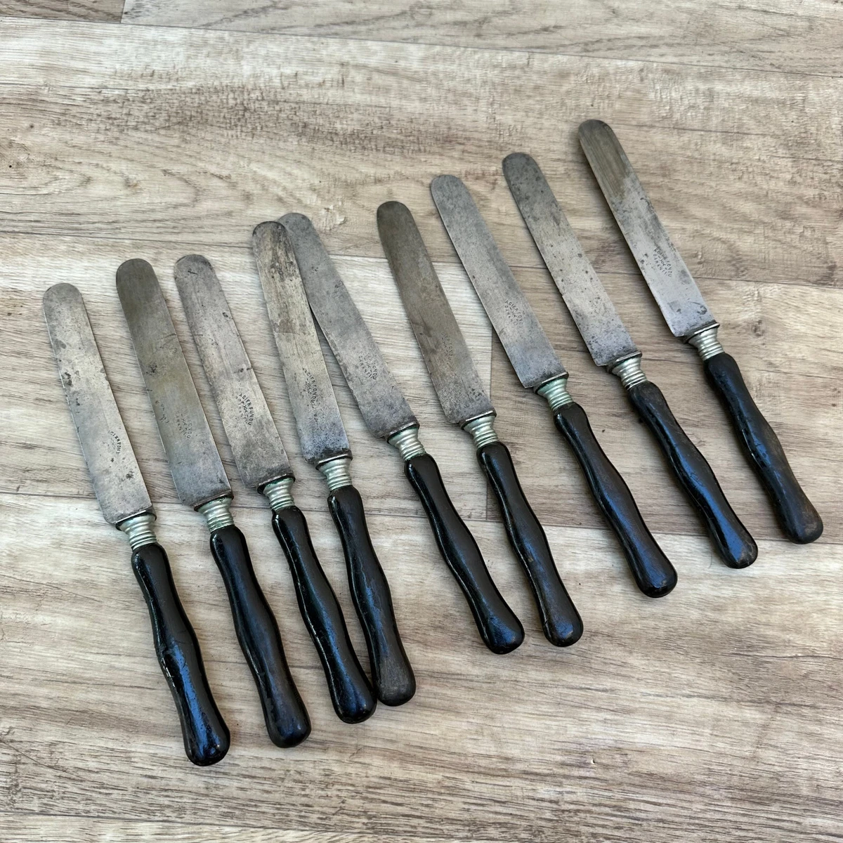 Antique French Dinner Knives Faux Ebony Horn Handles Silver Collar