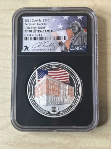 2021 Cook Is. Coin $10 Silver NGC PF70 Ultra Cameo Ben Franklin High Relief 2 oz - 第 1/9 張圖片