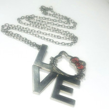 Sanrio Hello Kitty Love Pendant Necklace Silver Tone Red Bow Signed 1976, 2011