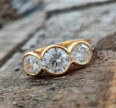 14K Yellow Gold Plated 3.00Ct Round Cut Moissanite Three Stone Engagement Ring