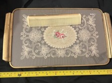 Beautiful Vintage Perfume Trinket Brush Comb Earrings Keeper Tray Lace And Comb.
