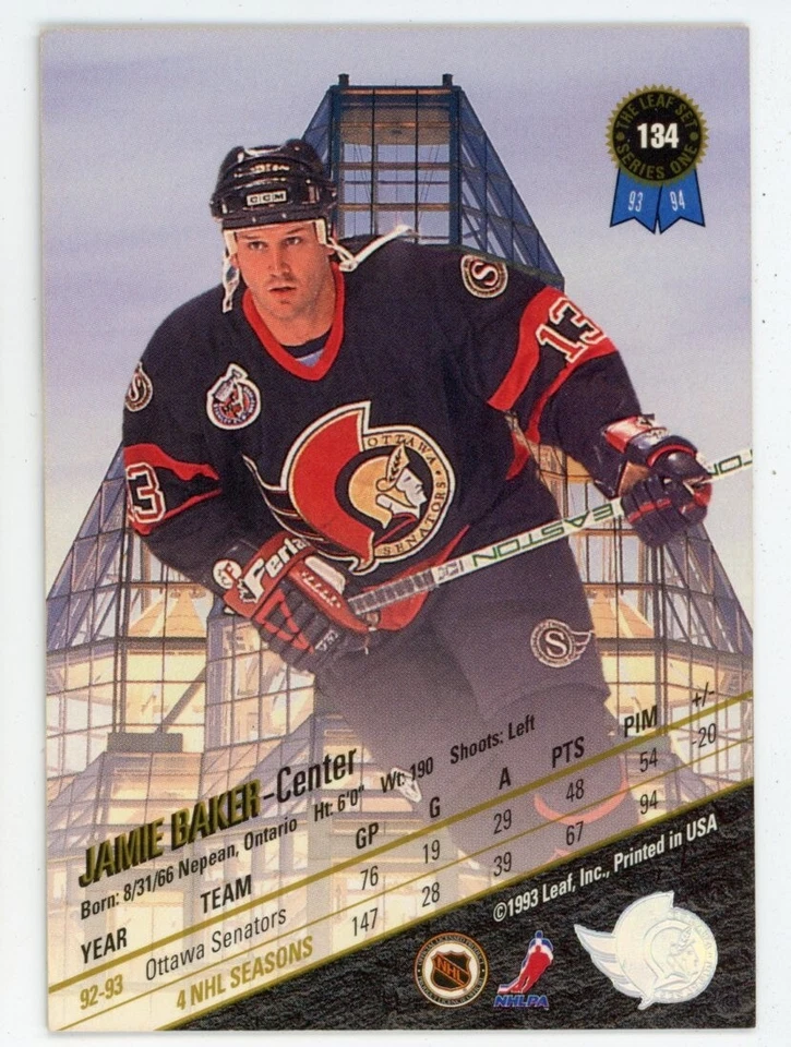 1993-94 Leaf Senators Hockey Card #134 Jamie Baker - Image 2 of 2