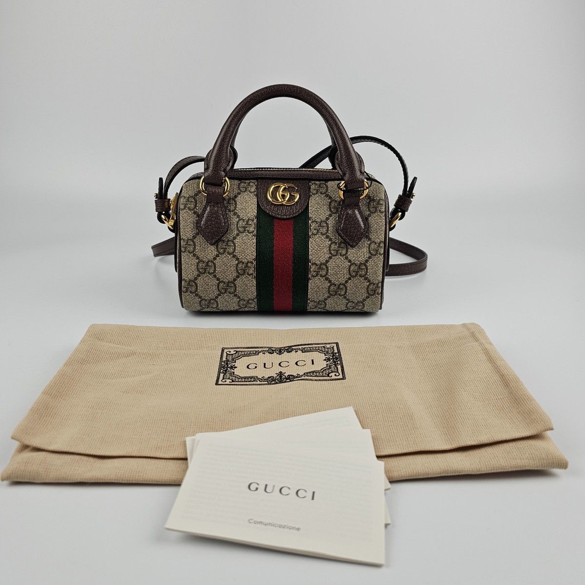 GUCCI Ophidia Mini Boston $1590 Beige/Ebony GG Canvas Top Handle