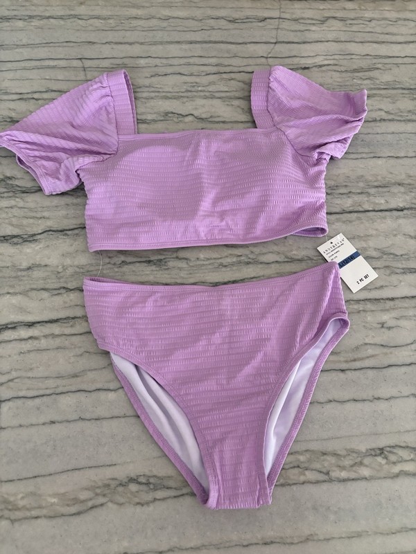 NWT - Andy & Evan Girls Purple Texture Puff Sleeve Two-Piece Swimsuit Sz L 12/14
