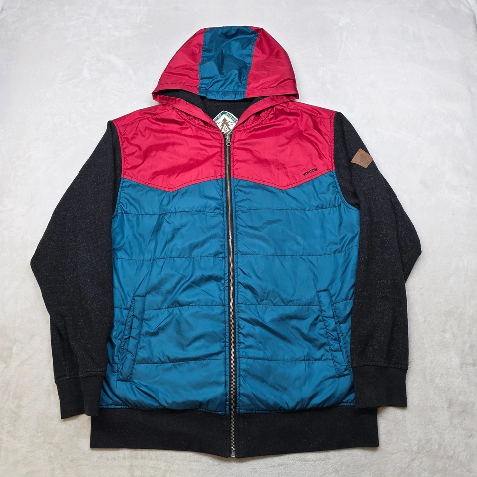 Volcom Puffer Hybrid Hoodie Jacket Mens Large Colorblock Red Teal Charcoal - Image 2 of 4