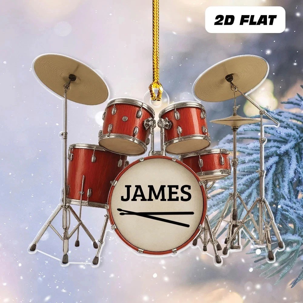 Custom Name Red Drum Set Christmas Ornament Musician Gift Players 2D FLat 3.5 in