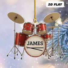 Custom Name Red Drum Set Christmas Ornament Musician Gift Players 2D FLat 3.5 in