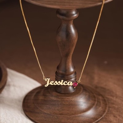 Personalized Name Necklace Custom Birthstone Pendant Stainless Steel Chain