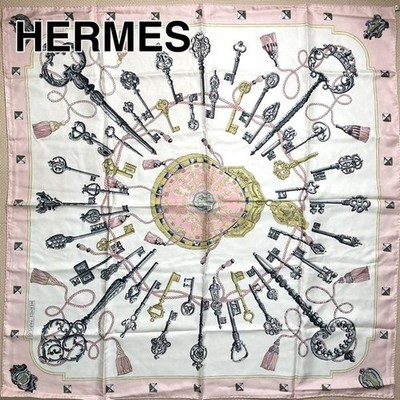 Hermes Carre 90 Silk Scarf Key Print Pink Very Good