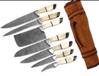 Handmade Damascus Steel Professional Kitchen Knives 7pc Set with Leather Bag.
