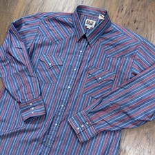 Vintage ELY Cattleman Shirt Mens XL Blue Stripes Western Wear Pearl Snap Cowboy