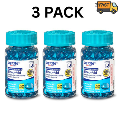 Equate Maximum Strength Sleep Aid Diphenhydramine 50mg 100 Softgels Pack of 3