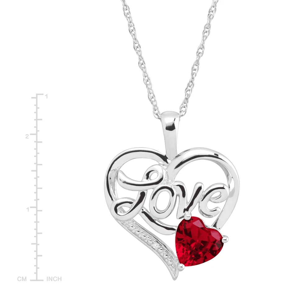 Colgante con corazón de amor de rubí creado por Finecraft con diamante en plata de ley, 18" Foto 2 de 3