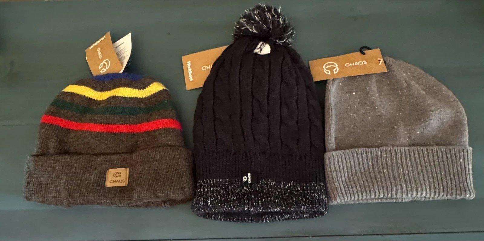 New Lot of 3 Chaos Winter Beanie Hat Cap Unisex OS Gray Black Pom Pom Cuffed NWT