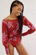 Free People Intimately Womens XS Cherry Red Floral Long Sleeve Bodysuit NWT 88