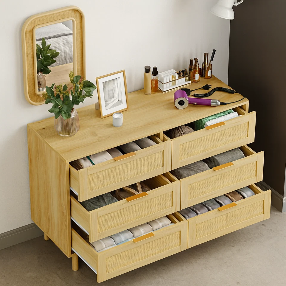 Cómoda de madera natural y ratán con 6 cajones - Cómoda de almacenamiento moderna de mediados de siglo Foto 2 de 4
