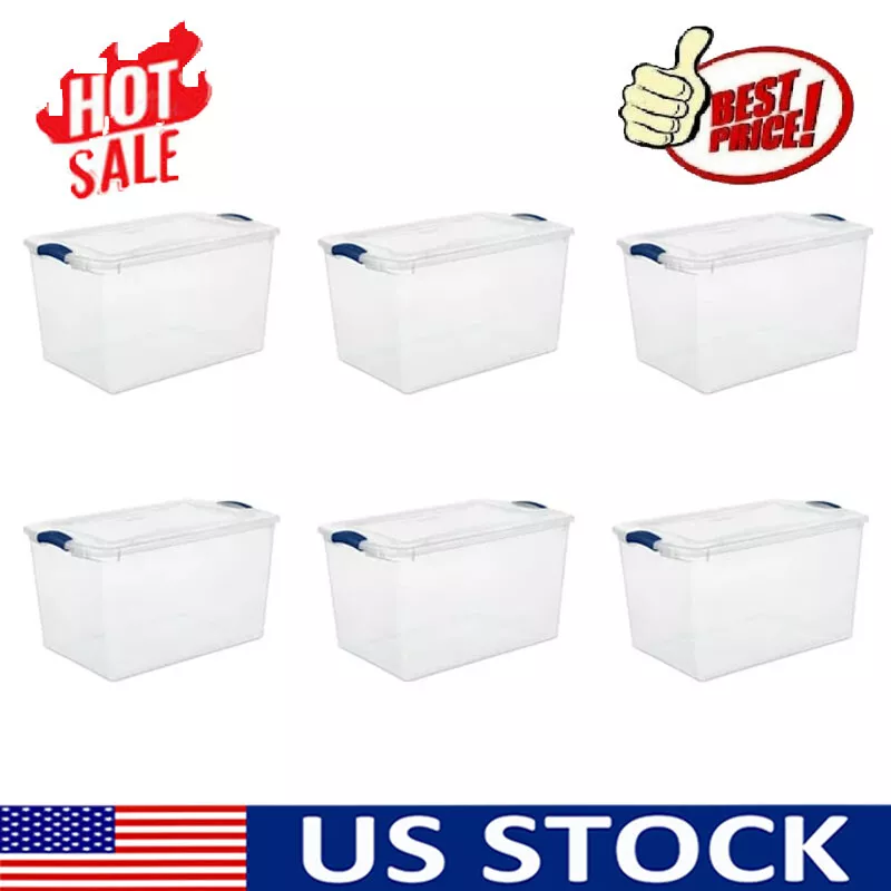 66 Qt. Storage Box Plastic Container Clear Organizer w/ Lid Bin Latch , Set  of 6