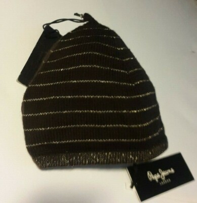 Bonnet Pepe Jeans Antoni En Laine - Couleur Brun Avec Rayures Dorées - Taille Unique - Neuf étiqueté