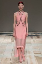 NWT.RUNWAY $3460 ALEXANDER MCQUEEN Rib-Knit Cutout Mesh High-Low Dress Sz L pink