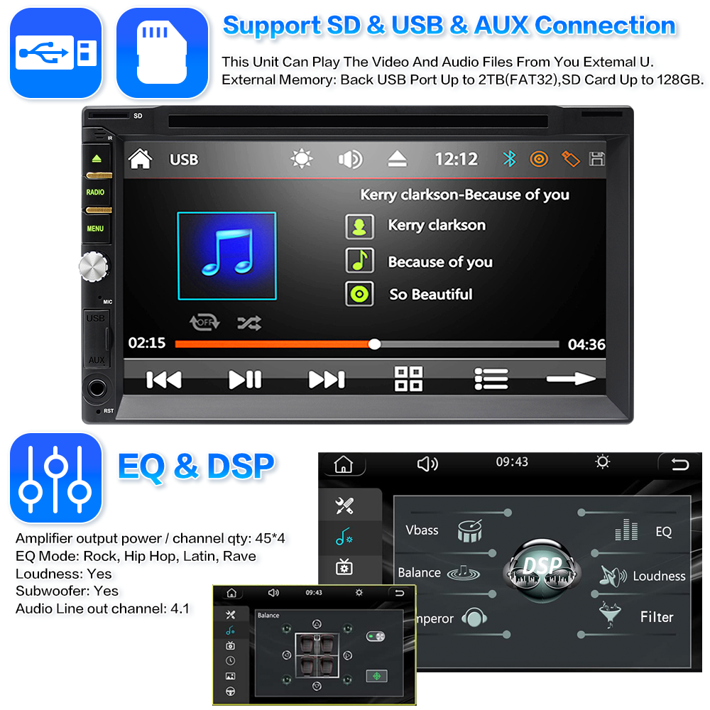 7" Double 2DIN Car DVD CD Player Stereo Head Unit Radio FM with Apple