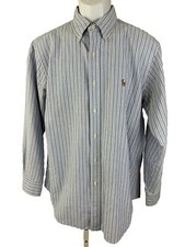 Ralph Lauren Shirt Large 16-1/2 32/33 Blue Striped CLASSIC FIT Pony Logo Cotton