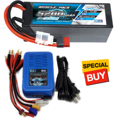 NHX Muscle Pack 4S 14.8V 5200mAh 50C Lipo Battery w/ DEANS / EZ6 Charger