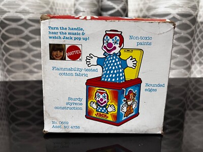 1972 Mattel Jack In The Box METAL Music Crank Clown Tin Toy ~ BOX