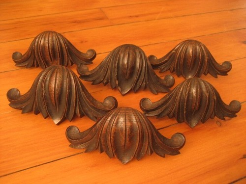 Antique Victorian Set of 6 Walnut Wooden Drawer Pulls Handles w/ Hardware