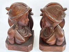 Vintage Hand Carved Wood Igorot Tribal Bust Bookends Pair 10" Tall Woman