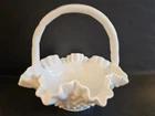 Vintage Fenton round milk glass basket with handle, double crimped edge
