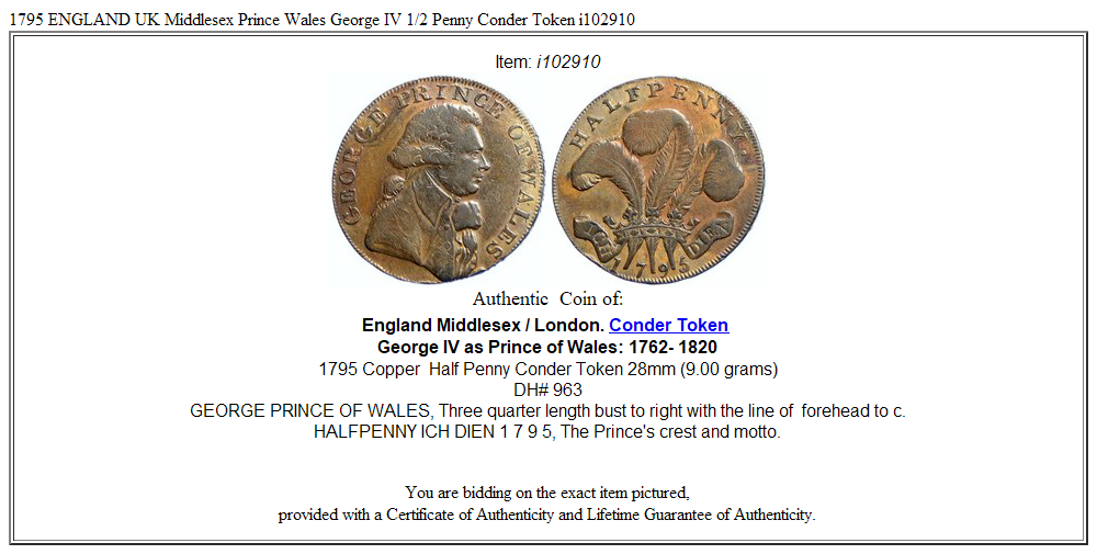 1795 ENGLAND UK Middlesex Prince Wales George IV 1/2 Penny Conder