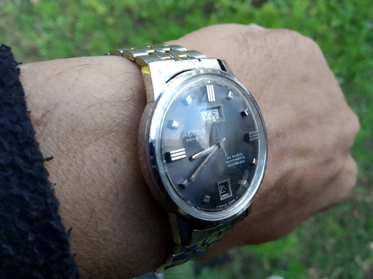 AETOS SWISS AUTOMATIC RARE HIGH END MOVEMENT BIG DAY DATE CALENDAR WORKS  PERFECT