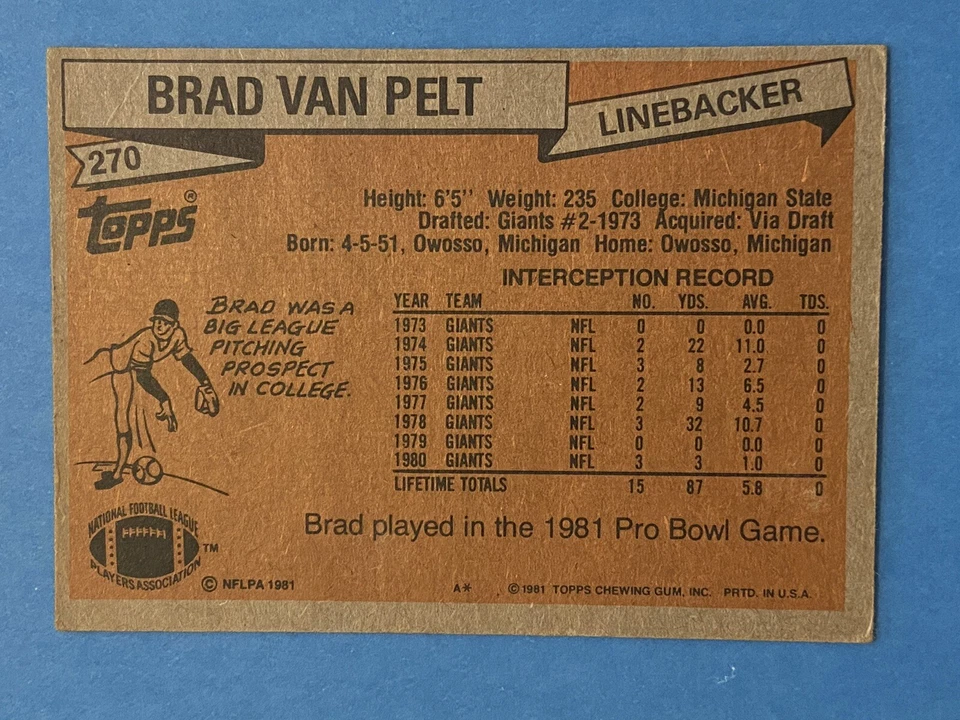 BRAD VAN PELT Signed 1981 Topps #270 Giants Michigan St. Spartans Autograph Auto - Image 2 of 2
