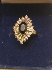 Marked 925 Sterling Silver Oval Dark Blue Sapphire Ring Allusion of Diamonds